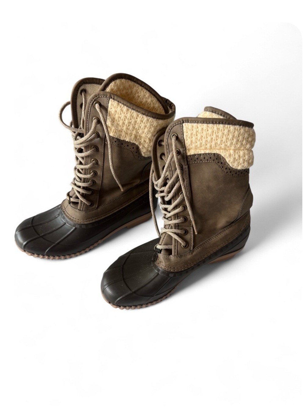 Women's Lace-Up Winter Rain Boots in Brown and Cream